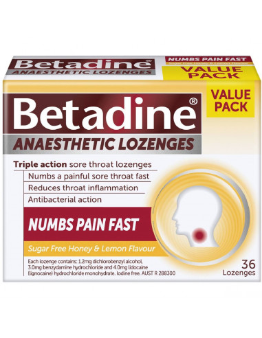 Betadine Anaesthetic Sore Throat Honey & Lemon 36 pack