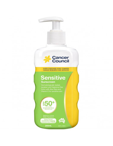Cancer Council Sensitive Sunscreen Pump Bottle Spf 50 Plus 200ml