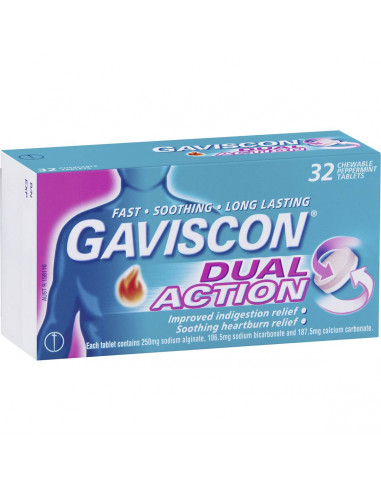 Gaviscon Dual Action Heartburn & Indigestion Chewable Tablets Peppermint 32 pack