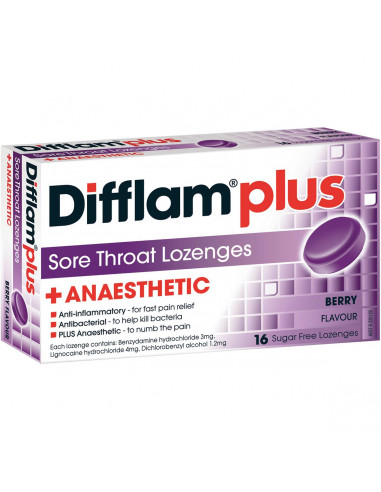 Difflam Plus Sore Throat Lozenges Black Current Anaesthetic 16 pack