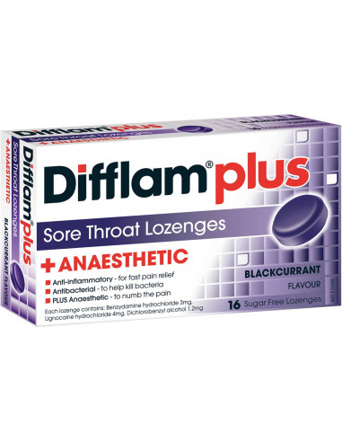 Difflam Plus Sore Throat Lozenges + Anaesthetic Blackcurrent 16 pack