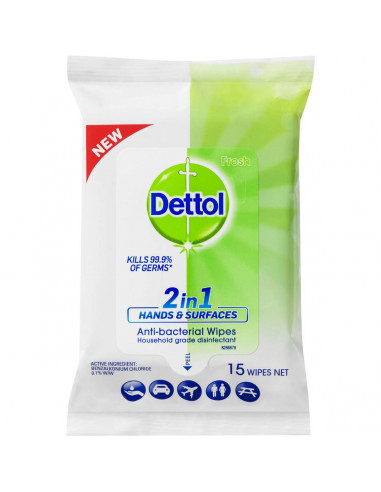 Dettol 2 In 1 Anti Bacterial Wipes 15 pack