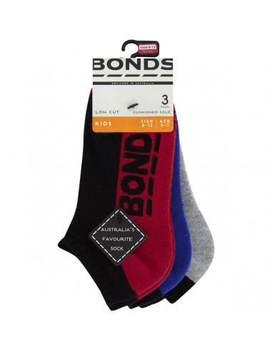 Bonds Kids Socks Lowcut Logo 9 - 12 3pk