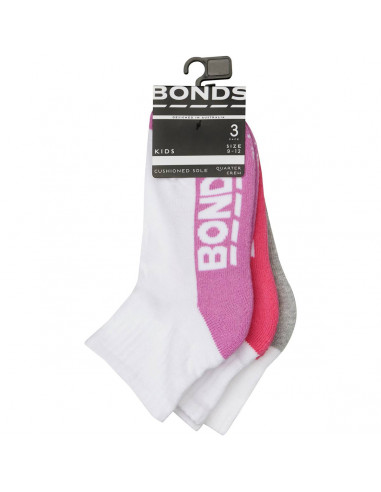 Bonds Kids Socks Logo Sport 1/4 Size 9-12 3 pack