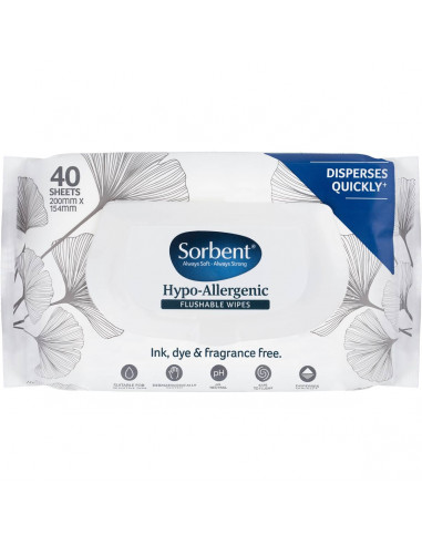 Sorbent Flushable Wipes Hypo-allergenic 40 pack