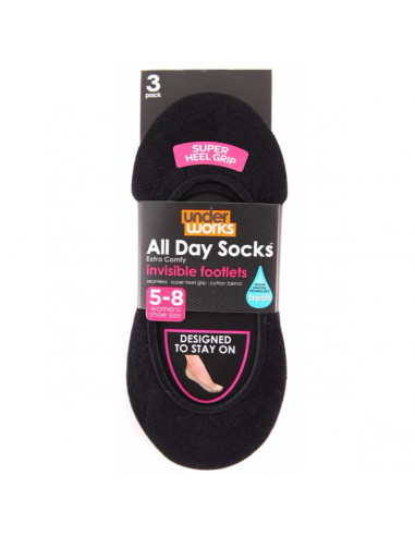 Uw Ladies All Day Invisible Black Footlet 5 - 8 3 pack