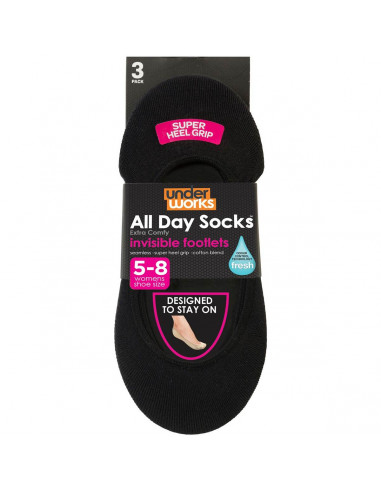 All Day Womens Invisible Footlet Socks Black 9-11 3 pack