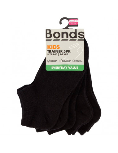 Bonds Kids Low Cut Sock Black Size 9 To 13 5 pack