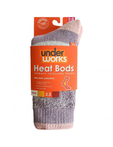 Underworks Ladies Heat Bods Thermal Tog 2.3 Socks Pink & Grey Size 5-8 1 pair
