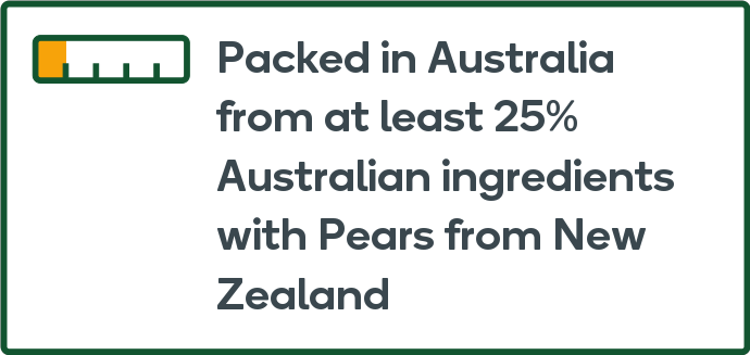Packed in Australia from at least 25% Australian ingredients with Pears from New Zealand